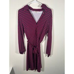 Boden Pink Navy Geometric Print Long Sleeve Shirt Dress Tie Waist US 10L UK 14L